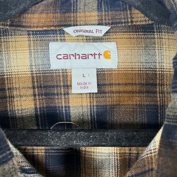 Carhartt Mens Original Fit Blue Tan Plaid Cotton Long Sleeve Button Down Shirt L - Picture 3 of 5